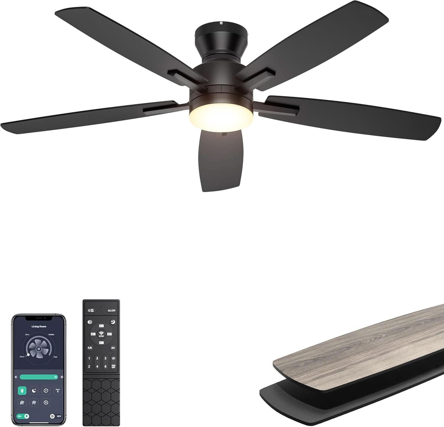 52 Inch Flush Mount Ceiling Fan With Remote App Control - Roy's Home ...
