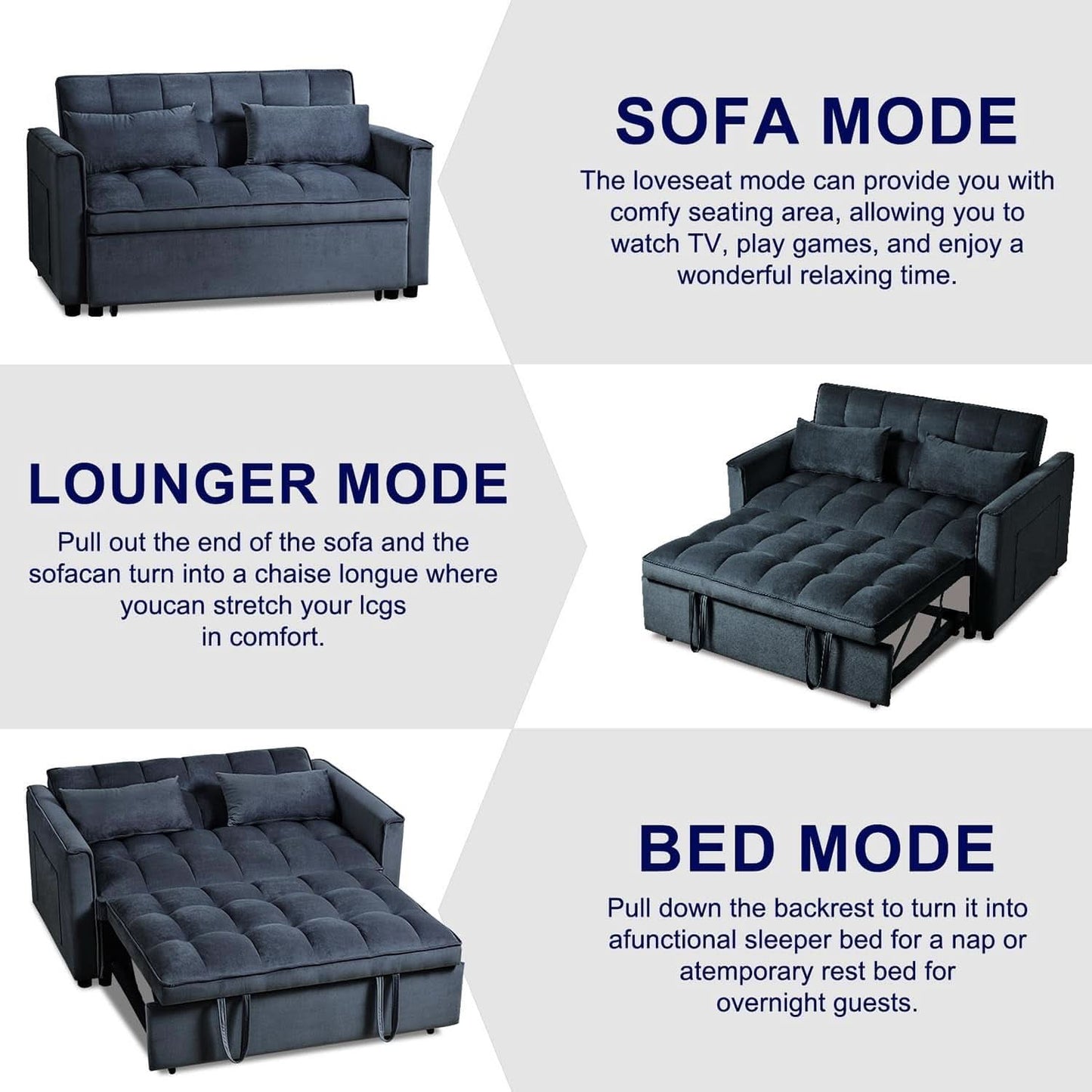 Black Velvet Convertible Sleeper Sofa Bed Luxurious