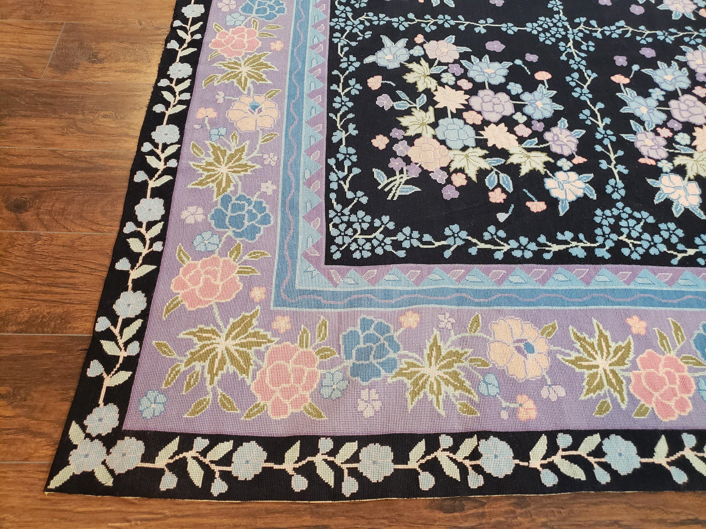 Chinese Needlepoint Rug 8 x 11.4, Hand-Woven Area Carpet, Flatweave Rug, Black Blue Light Violet Floral Garden European Design Wool Aubusson