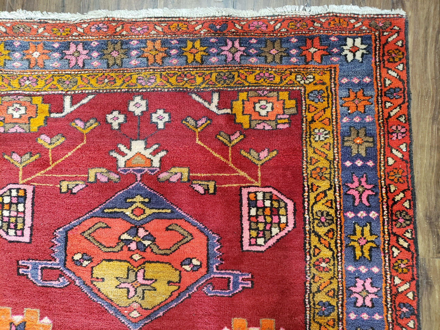 Antique Persian Karajeh Runner Rug 4.4 x 11 ft, Red Colorful Geometric Medallion Runner