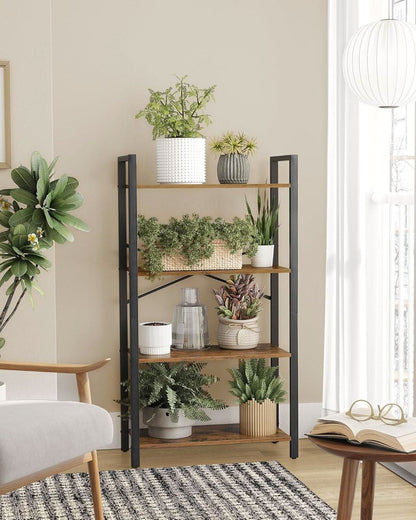 Four Tier Bookshelf Rustic Brown Steel Frame 47 Inches High
