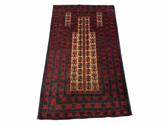 3 X 3.5 New Vintage Handmade Wool Rug Tribal Turkoman Balouch Red Prayer Rug