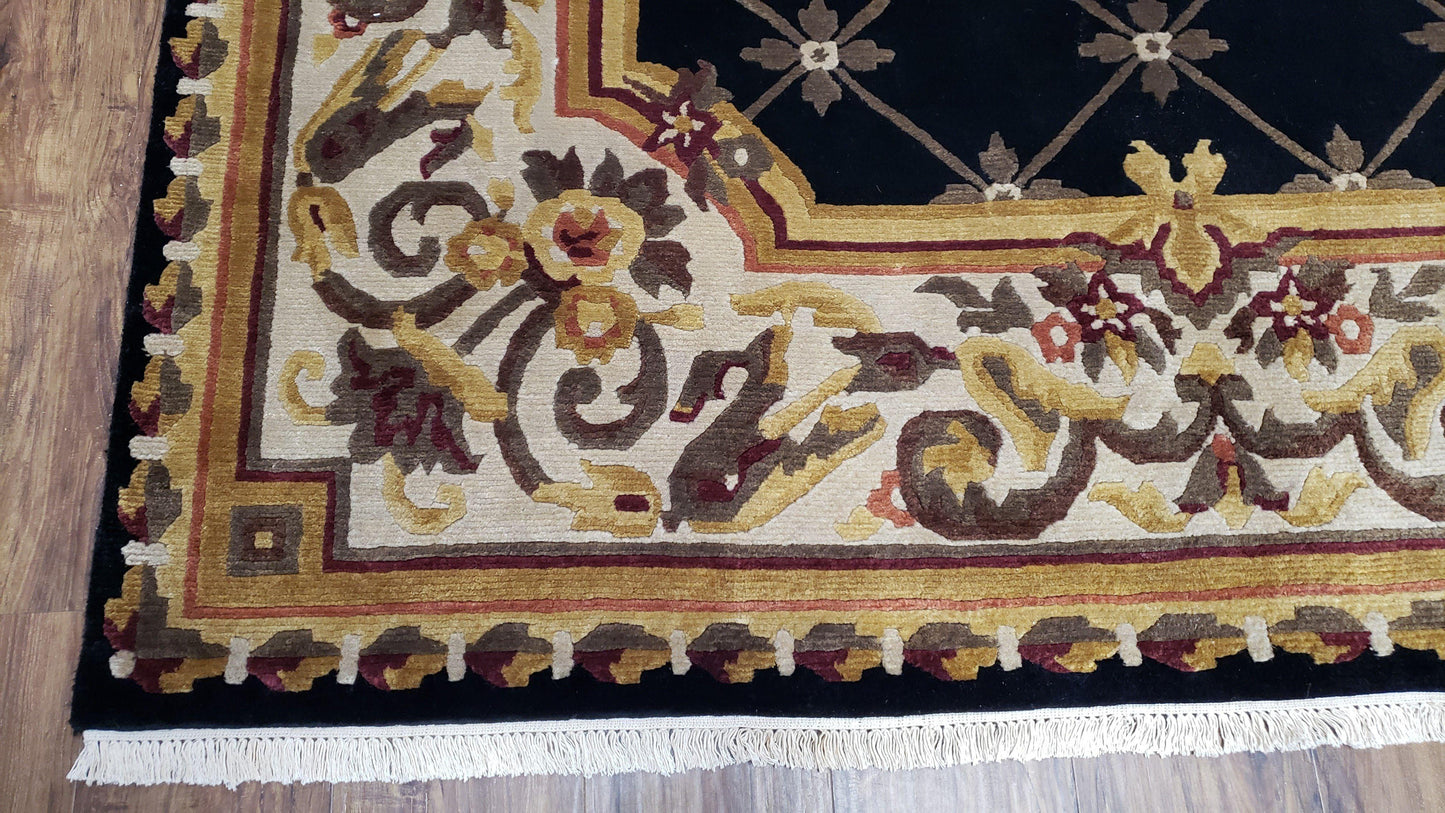 Nepal Rug 6x9, Nepalese Aubusson Area Rug 6 x 9, Hand-Knotted Wool Soft Pile Black & Beige Tibetan Aubusson New Carpet European Savonnerie