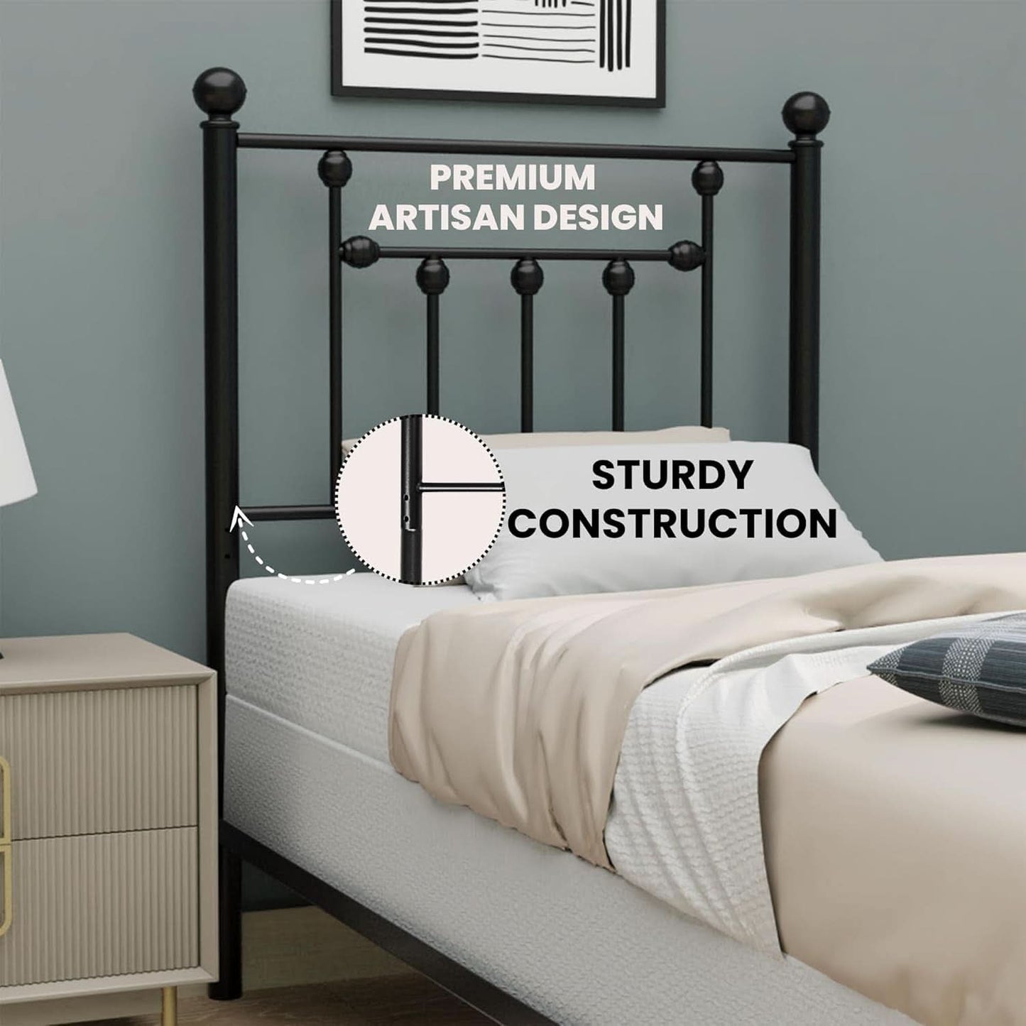 Victorian Twin Size Metal Bed Frame with Adjustable Headboard