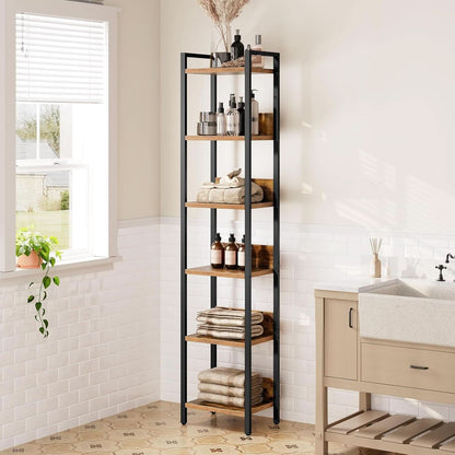 Six Tier Standing Bookcase In Rustic Brown And Black For Small Spaces