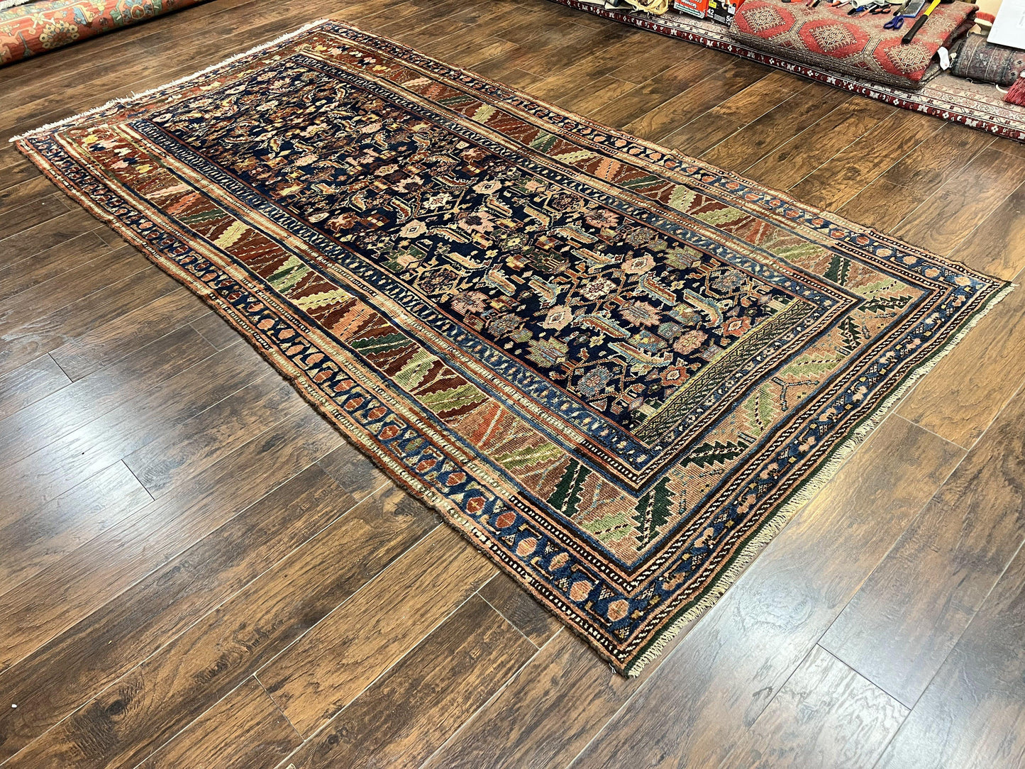 Caucasian Kalegy Rug 6x11, Wide Runner, Wool Hand Knotted Carpet, Navy Blue Tribal Rug, 1920s Antique Rug, 6 x 11 Oriental Carpet