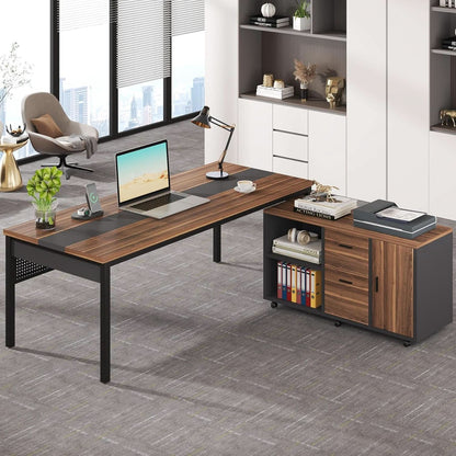 71 Inch Walnut Executive L Shaped Desk With File Cabinet