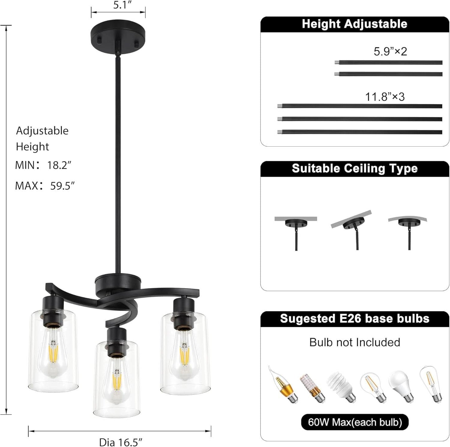 Three Light Black Dining Chandeliers For Kitchen Island