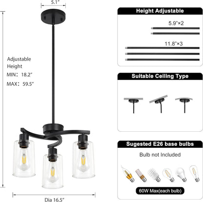 Three Light Black Dining Chandeliers For Kitchen Island