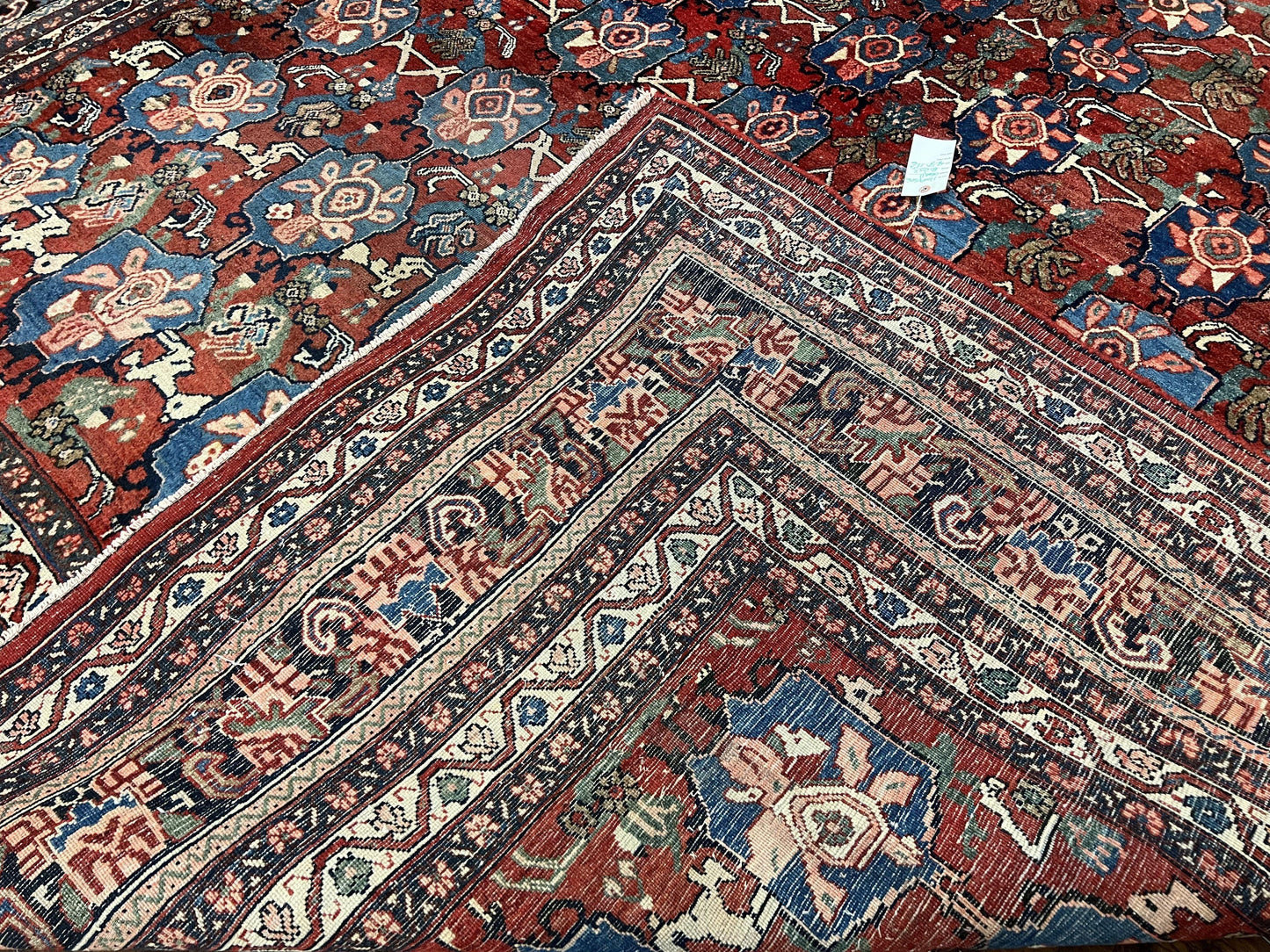Antique Persian Bijar Rug 9x12 - Allover Motif, Red & Blue