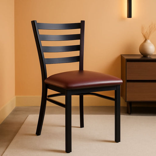 Hercules Black Ladder Back Metal Restaurant Chair Burgundy Vinyl Seat