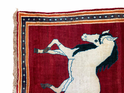 3.5 X 6 Handmade Hand-Knotted New Vintage Rug Quality Wool White Horses Red