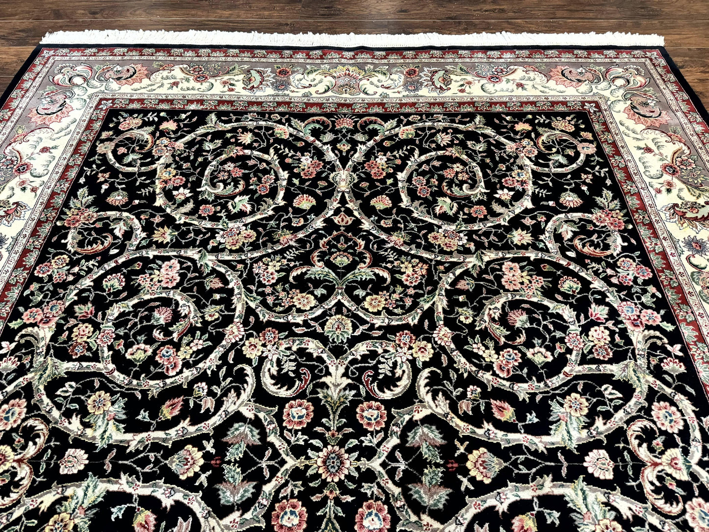 Black Pak Persian Rug 8x11, Floral Pattern, Hand Knotted Vintage Wool Rug with Silk Highlights, Fine 200 KPSI