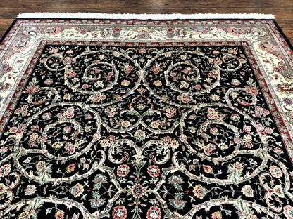 Black Pak Persian Rug 8x11, Floral Pattern, Hand Knotted Vintage Wool Rug with Silk Highlights, Fine 200 KPSI