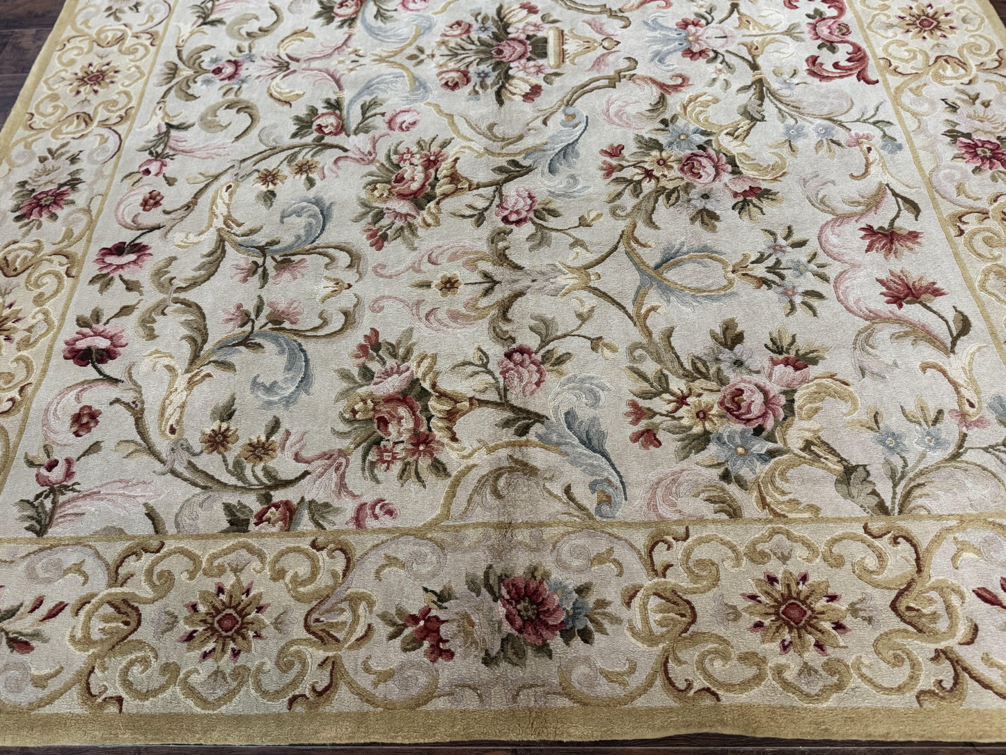 Aubusson Rug 8x10, French European Design, Vintage Handmade Wool Carpet, Aubusson Rug with Pile, Floral