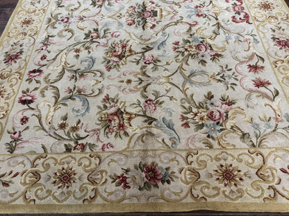 Aubusson Rug 8x10, French European Design, Vintage Handmade Wool Carpet, Aubusson Rug with Pile, Floral