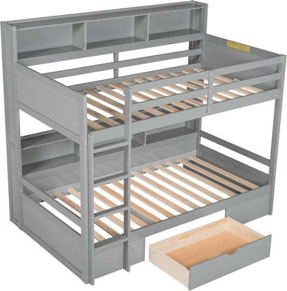 Gray Twin Over Twin Bunk Bed With Storage Drawers Shelves