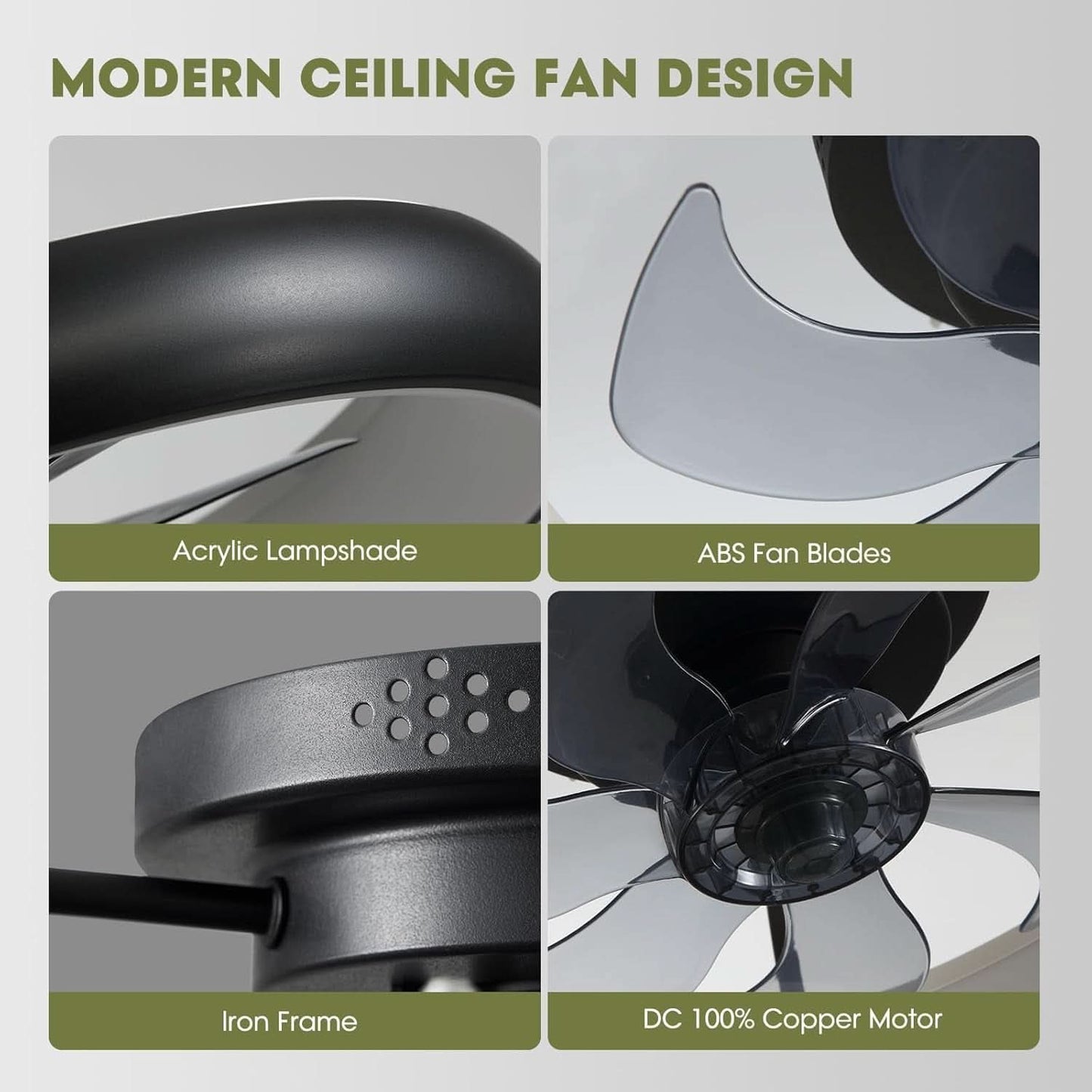 20 Inch Black Flush Mount Ceiling Fan With Dimmable Lights