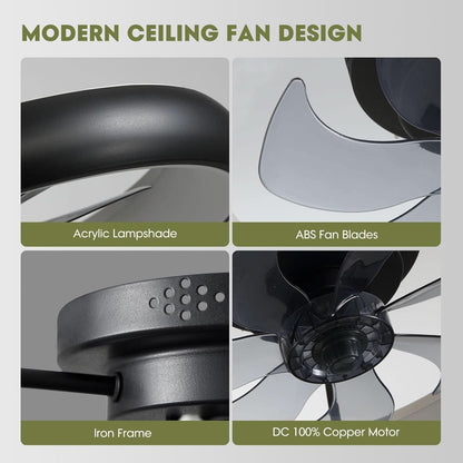 20 Inch Black Flush Mount Ceiling Fan With Dimmable Lights