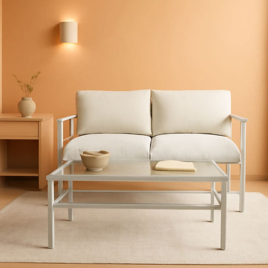 2 Piece Outdoor Coffee Table And Loveseat Set Gray Frame Creme Cushions