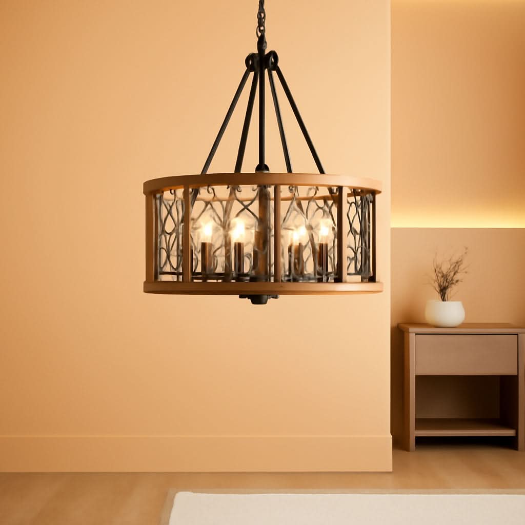 4 Light Modern Farmhouse Chandelier Grey Wood Rustic Finish