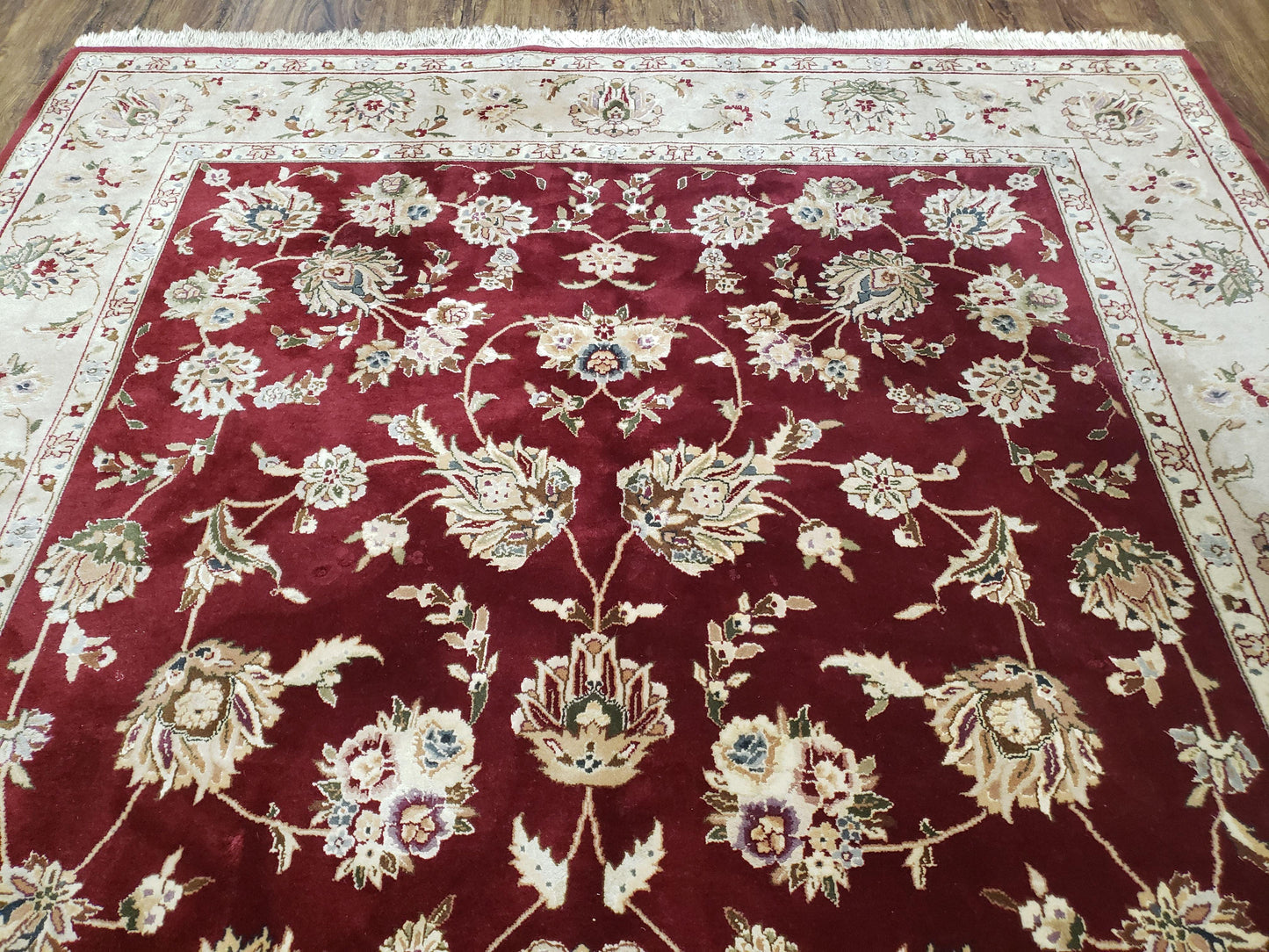 Vintage Traditional Oriental Area Rug, Hand-Knotted, Wool & Silk Accents, Maroon Red and Beige, 6x9 Carpet, 5' 9" x 9'