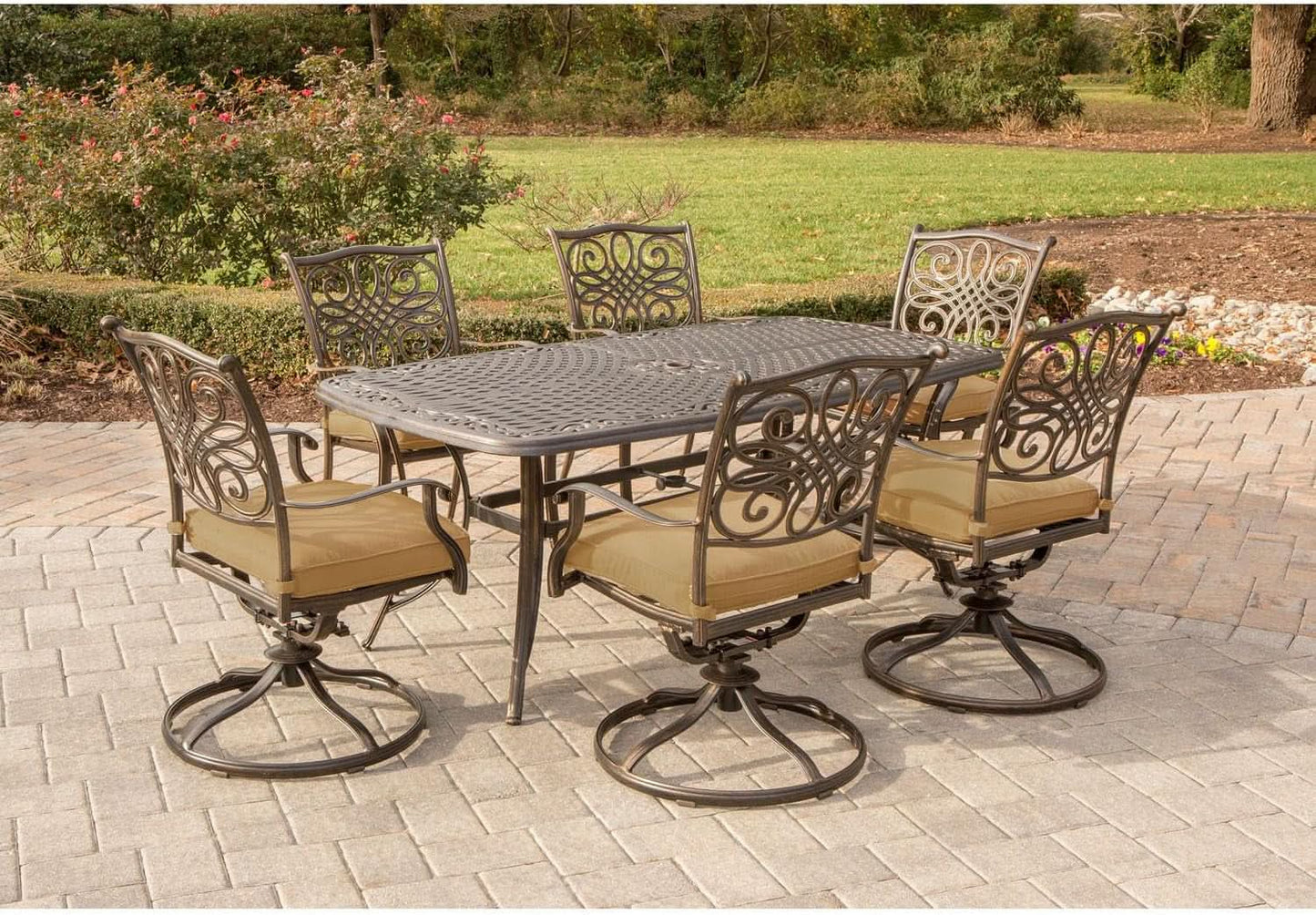 7 Piece Patio Dining Set 6 Swivel Chairs Tan Cushions 38x72
