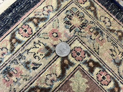 Sino Persian Rug 9x12, Navy Blue and Pink Hand Knotted Wool and Silk Highlights Vintage Oriental Carpet, Handmade Floral Area Rug 9 x 12 ft