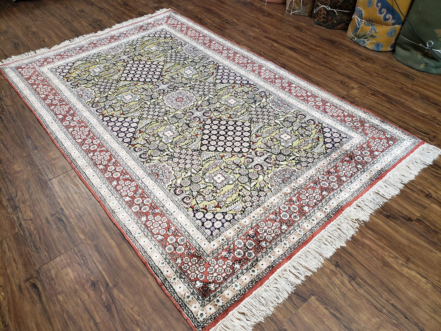 Vintage Silk Rug with Gold Threads, 5x8 Silk Oriental Carpet, Red Black Gold Hand-Knotted Fine Silk Real Gold Wire Threads Kashmiri Silk Rug
