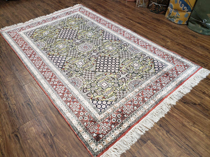 Vintage Silk Rug with Gold Threads, 5x8 Silk Oriental Carpet, Red Black Gold Hand-Knotted Fine Silk Real Gold Wire Threads Kashmiri Silk Rug