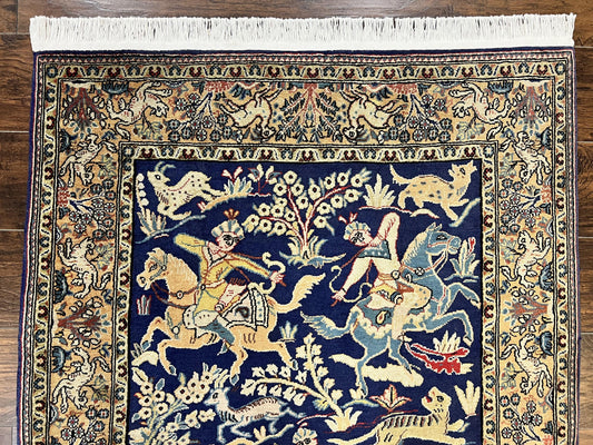 Persian Qum Hunting Design Rug 4x5, Wool Hand Knotted Vintage Oriental Carpet, Navy Blue & Mustard, Horsemen Animal Pictorials, Rare