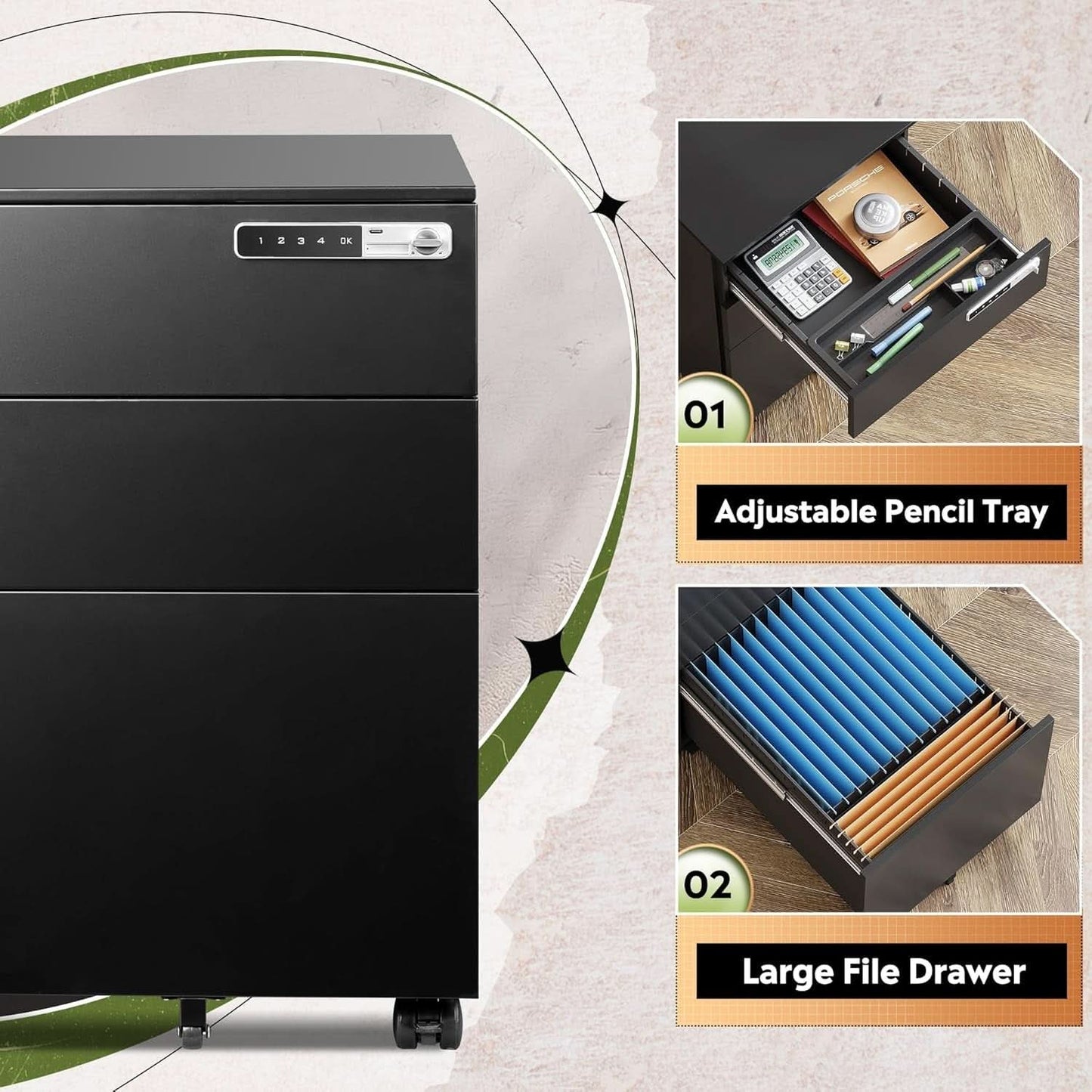 Locking 3 Drawer Steel File Cabinet With Digital Lock