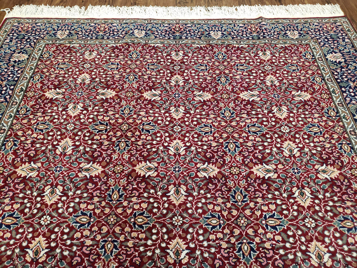 Vintage Turkish Sivas Area Rug 6.5 x 9.5, Wool Hand-Knotted Red & Midnight Blue Allover Floral Pattern Oriental Carpet, 6x9 Traditional Rug