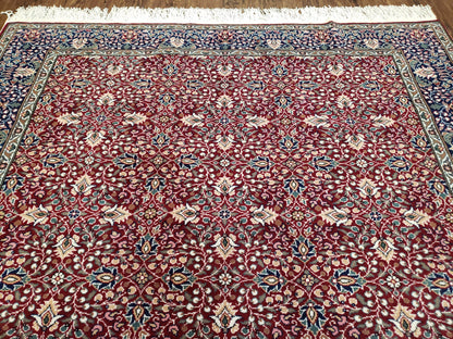 Vintage Turkish Sivas Area Rug 6.5 x 9.5, Wool Hand-Knotted Red & Midnight Blue Allover Floral Pattern Oriental Carpet, 6x9 Traditional Rug