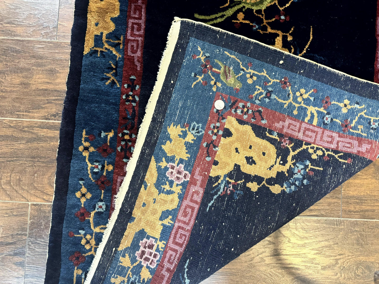 Antique Chinese Peking Rug 3x6, Dark Blue, Bird Motif, Handmade Wool Art Deco Asian Oriental Carpet, Pair A