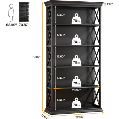 71 Inch 6 Tier Industrial Bookcase Floor Standing All Black