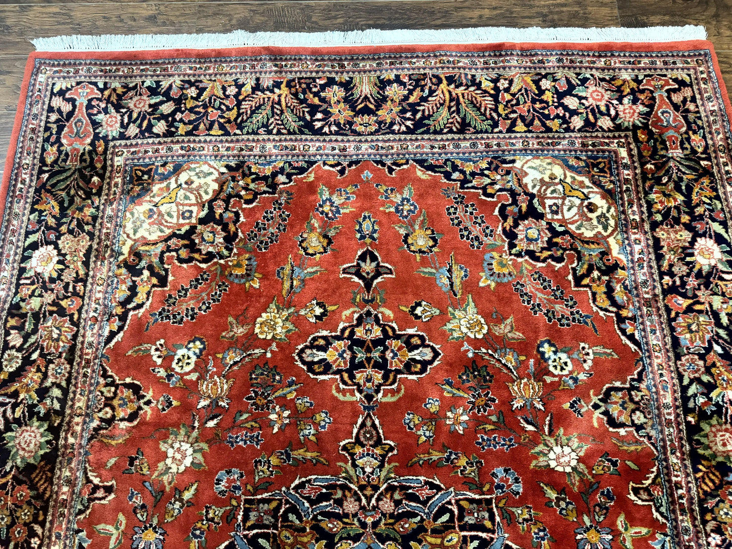 Indo Persian Rug 7x10, Vintage Handmade Wool Carpet, Floral Medallion Traditional Rug, Red and Midnight Blue