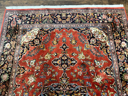 Indo Persian Rug 7x10, Vintage Handmade Wool Carpet, Floral Medallion Traditional Rug, Red and Midnight Blue