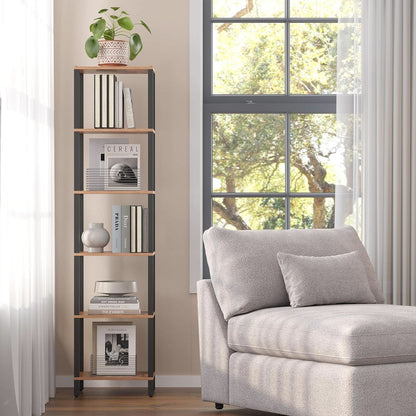Six Tier Tall Bookshelf Narrow Rustic Brown Bookcase