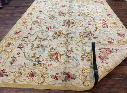Aubusson Rug 8x10, French European Design, Vintage Handmade Wool Carpet, Aubusson Rug with Pile, Floral