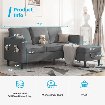 Dark Grey Convertible Sectional Sofa With Storage Ottoman