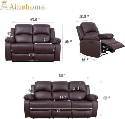 Brown Leather 3 Piece Recliner Sofa Living Room Set