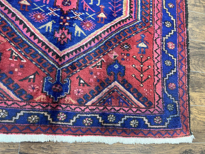 Persian Tribal Rug 5x7, Wool Handmade Vintage Hamadan Nahavand Carpet, Red & Navy Blue, Animal Motifs, Geometric Oriental Rug 5 x 7