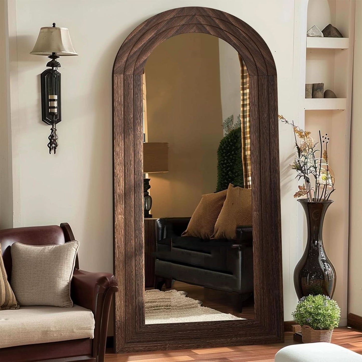 Arched Full Length Mirror 71x32 Inch Brown Solid Wood Frame