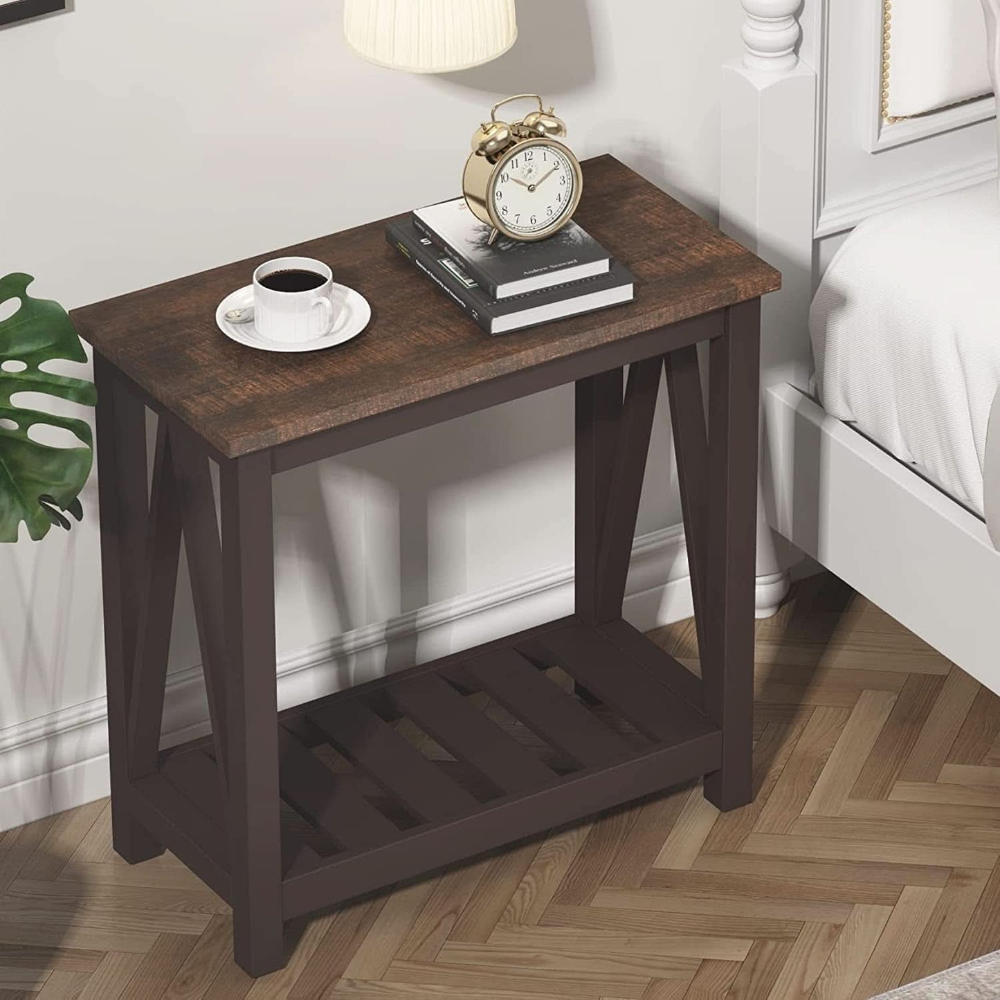 Espresso Narrow End Table With Shelf 23.6 Inch Rustic