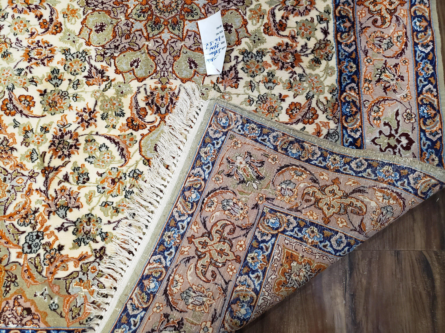 Vintage Persian Isfahan Lachak Toranj Rug, Highly Detailed, Kork Wool on Silk Foundation, Beige and Dark Blue, Hand-Knotted, 3'6" x 5' 4"