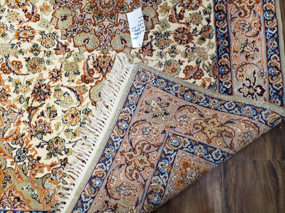 Vintage Persian Isfahan Lachak Toranj Rug, Highly Detailed, Kork Wool on Silk Foundation, Beige and Dark Blue, Hand-Knotted, 3'6" x 5' 4"