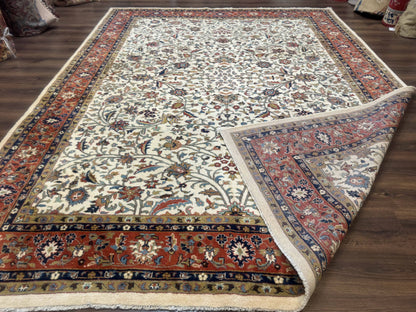 Indo Persian Rug 9x12, Ivory and Red, Traditional Wool Oriental Carpet