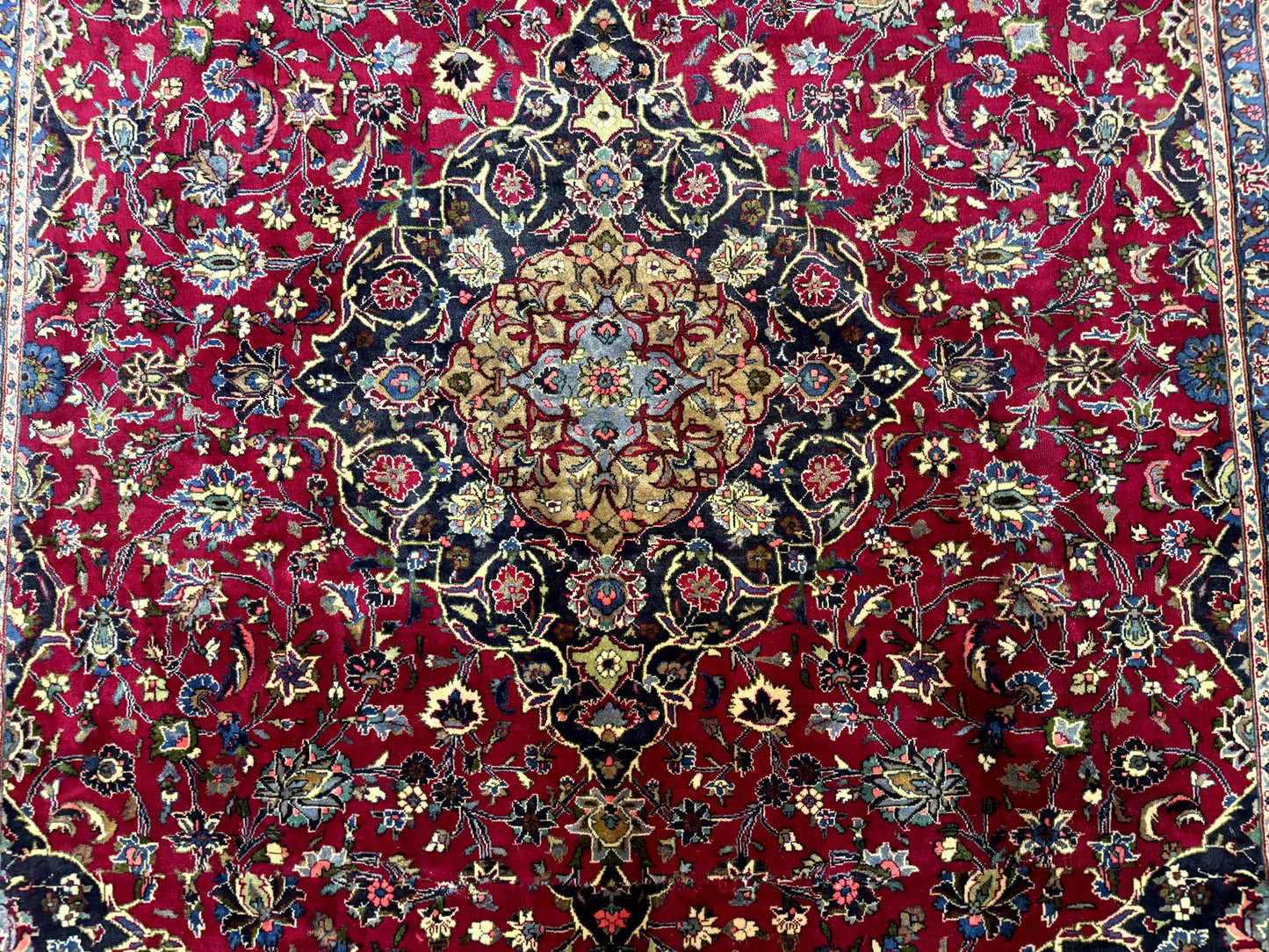 Traditional Persian Rug 8x11, Red Navy Blue, Floral Medallion, Antique Persian Mashad Carpet, Wool