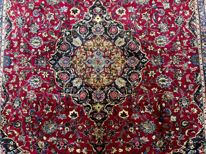 Traditional Persian Rug 8x11, Red Navy Blue, Floral Medallion, Antique Persian Mashad Carpet, Wool